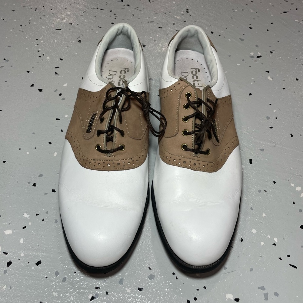 Foot-joy DryJoys Mens Golf Shoes Metal Spikes Size 11 White Brown - Picture 2 of 9